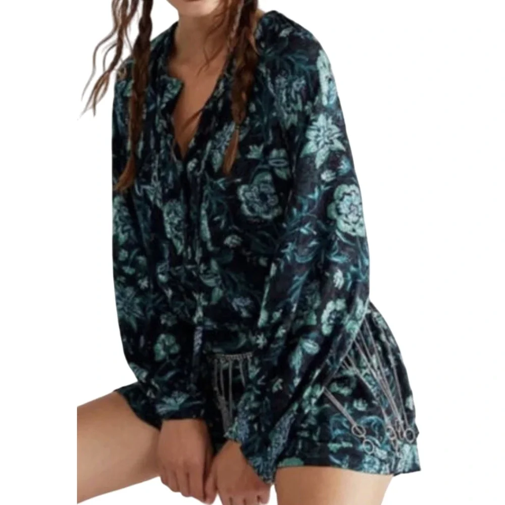 NEW FREE PEOPLE BLUE GREEN DANCE 'TIL DAWN ROMPER SIZE XS